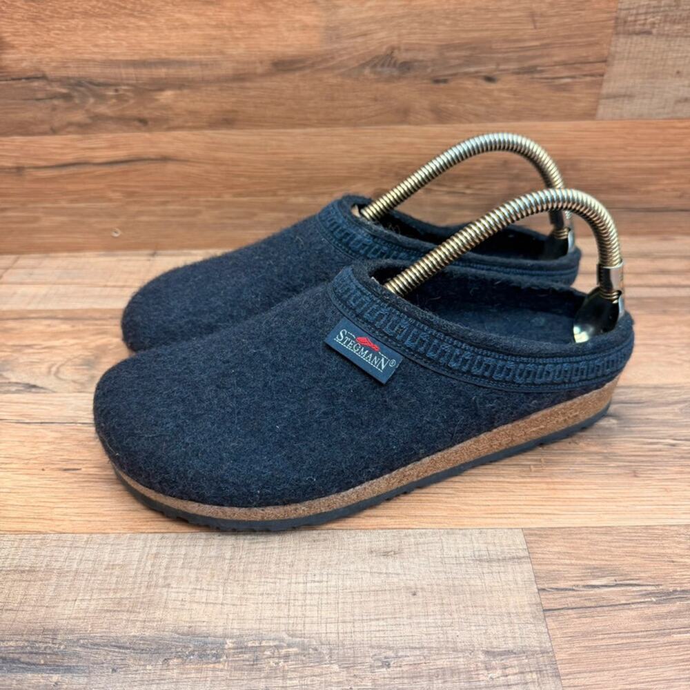 Stegmann Women’s Size L9 M8 Black Wool Felt Cork Footbed Clogs Mules